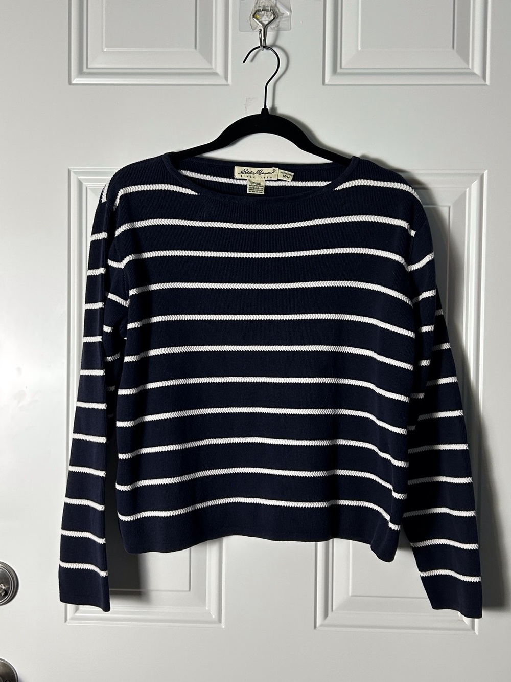 Navy White Striped Scoop Neck Pullover Sweater Cotton M Coastal Nautical Yacht